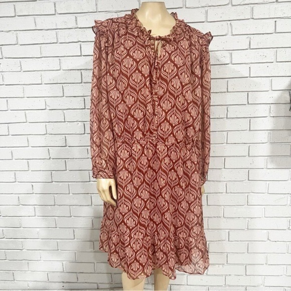 LC Lauren Conrad Women Rust Floral Ruffle Tie Neck Long Sleeve Dress | Size 3X